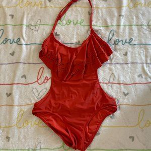 Orange Ruffle Monokini 1pc Swim Bathing Suit Womans sz Medium